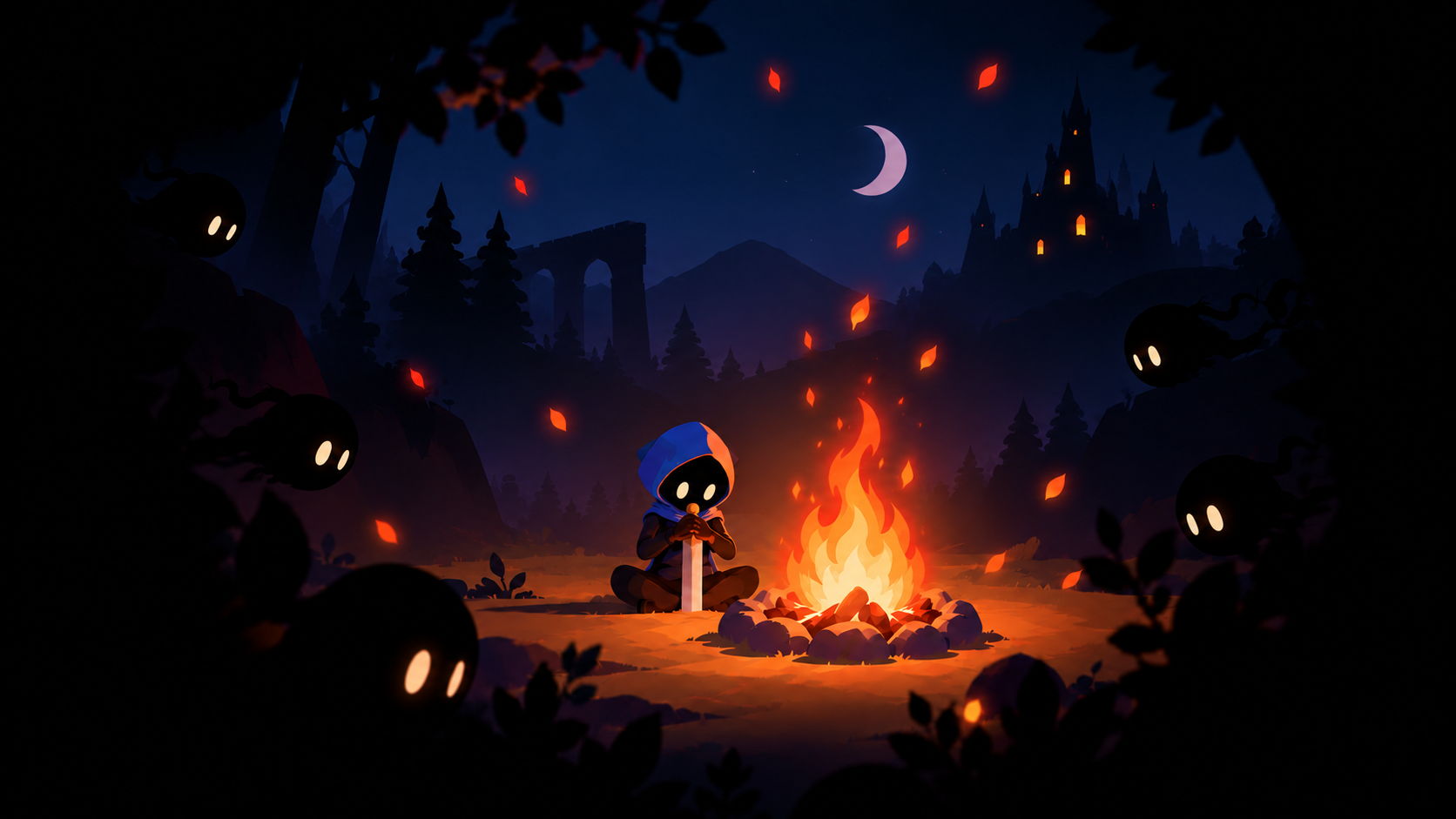 A hooded guardian meditates beside a glowing campfire, hands resting on a sword buried in the ground, while shadows watch from the moonlit forest.